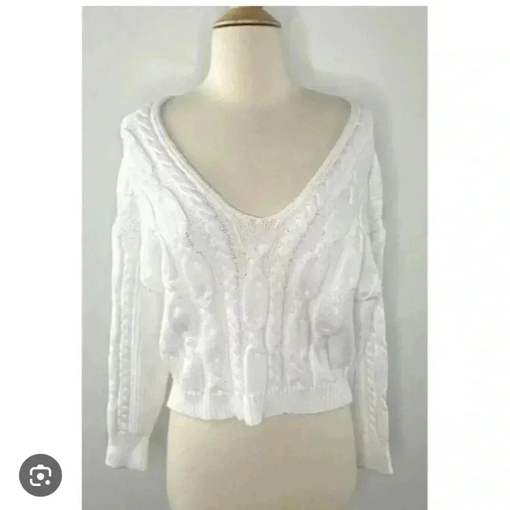 JCrew waist length white cable v-neck sweater